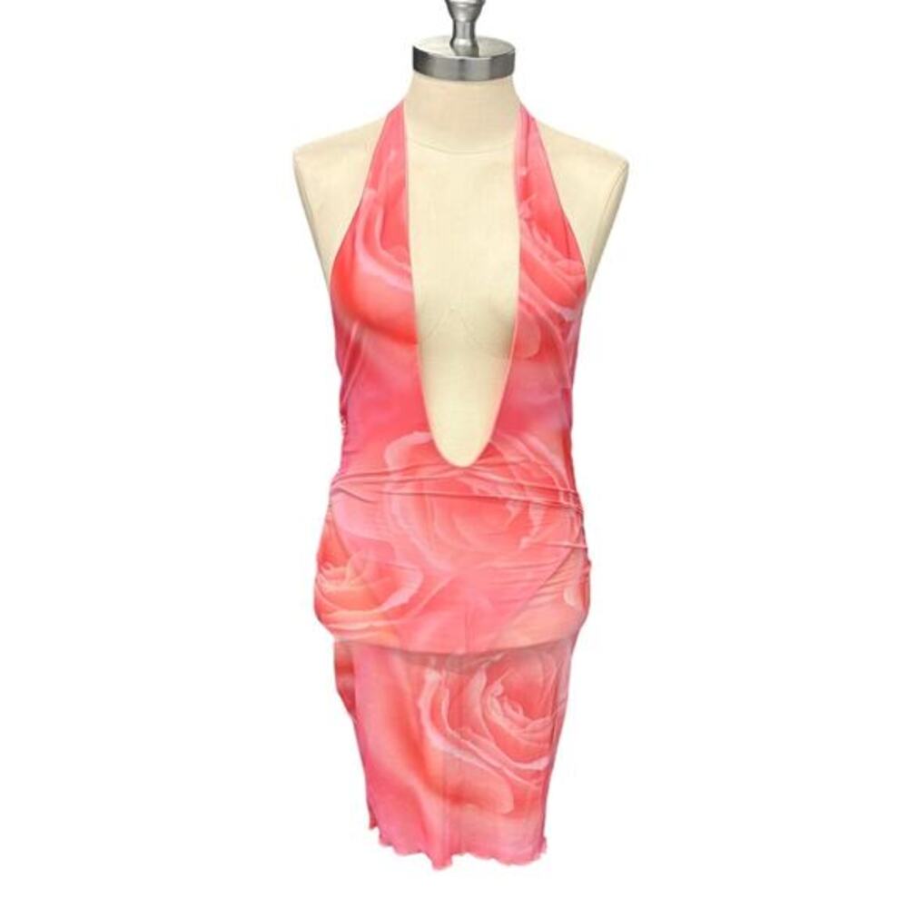 Oh Polly Pink Marble Print Halter One Piece Swimsuit with sarong Women’s US 4